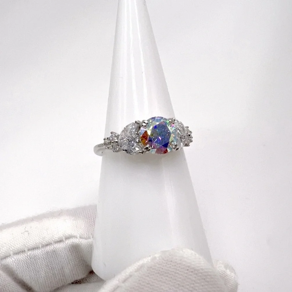 .925 Sterling Silver Iridescent Rainbow CZ Ring